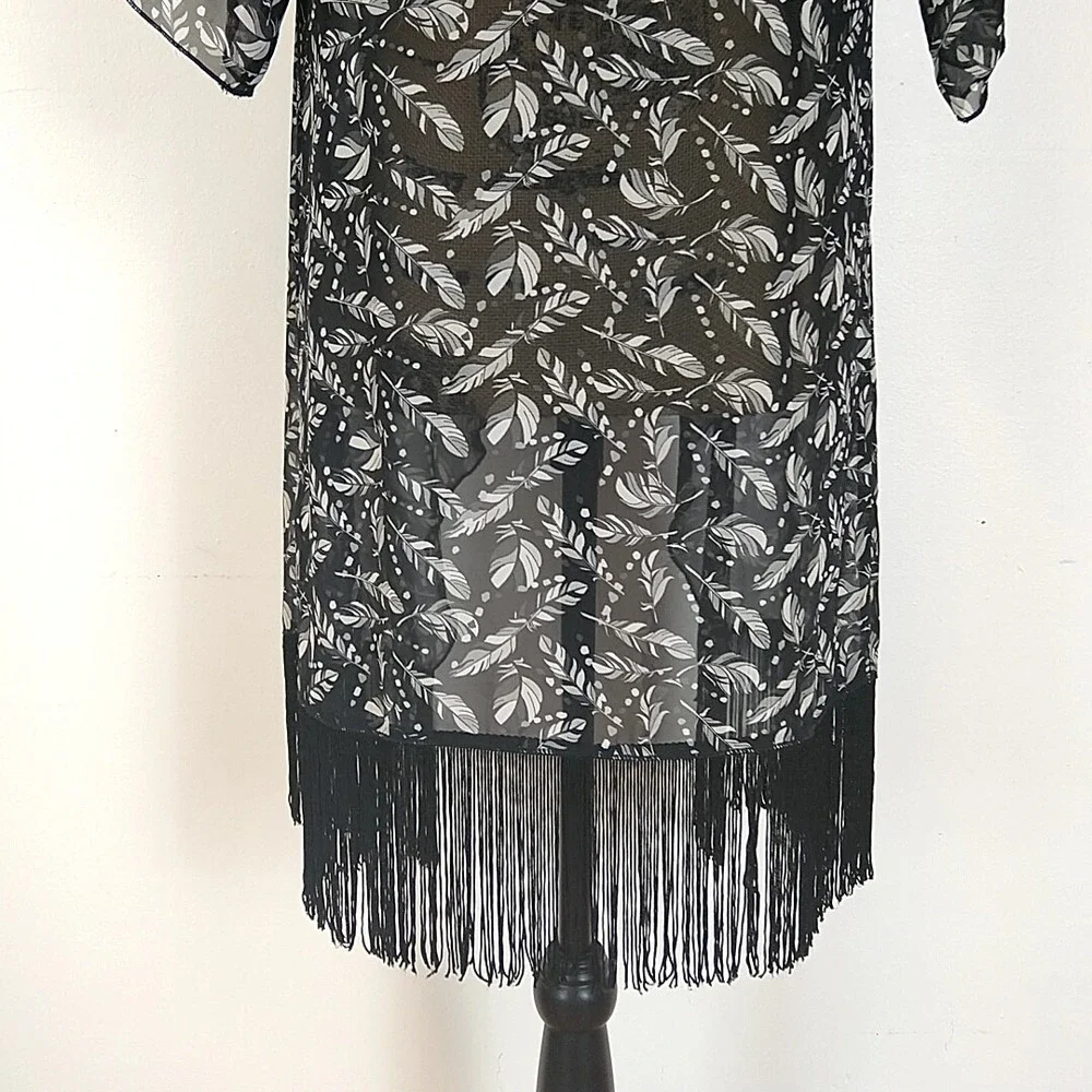 LuLaRoe Kimono Cardigan Womens S Black Feather Print Fringe Trim Sheer Boho